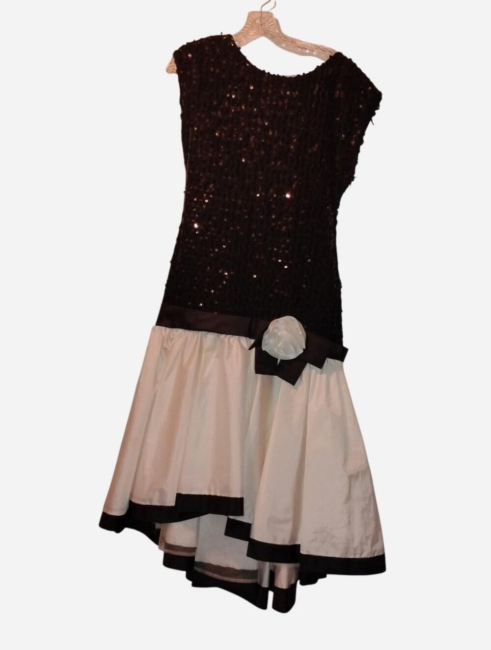 1980s Glenrob Sequin High Low Prom Dress White Black Rosette Drop Waist 11